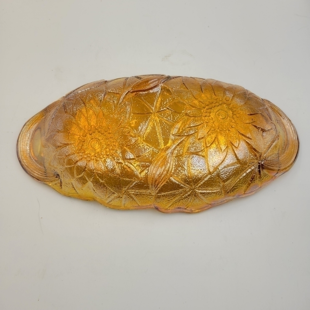 Vintage Indiana Marigold Carnival Glass Sunflower Relish/Candy Dish w/Handles